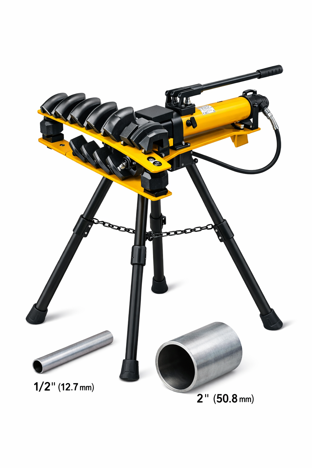 Manual Hydraulic Pipe Bender 1/2 inch to 2 inches 1 Manual Hydraulic Pipe Bender Machine with Tripod Stand Pipe Size 12 inch (12.7 mm) to 2 Inches (50.8 mm)